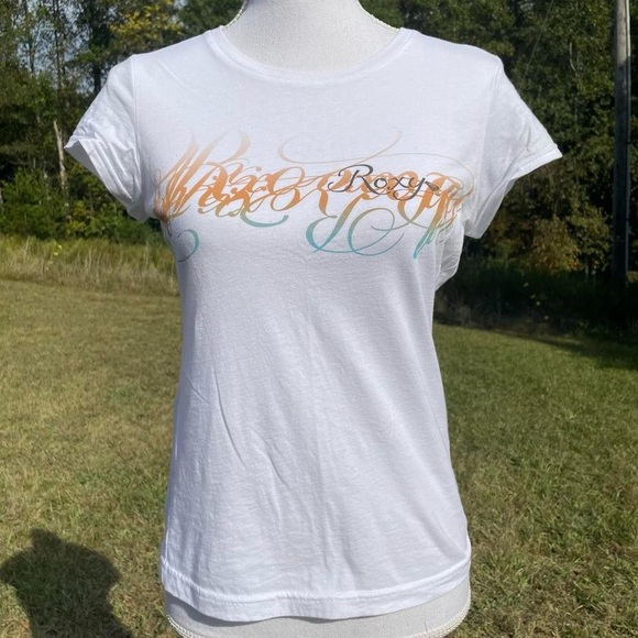 Y2K Roxy 100% Cotton Medium White Orange Blue Surfing Baby Tee - Picture 1 of 8